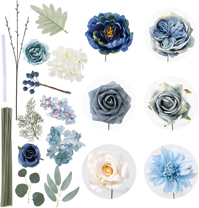 Floweroyal Artificial Flowers Combo Dusty Blue Flowers Mix Silk Flowers Dahlia Roses with Stems for DIY Wedding Bridal Bouquets, Baby Shower, Floral Arrangement, Table Centerpieces, Home Decorations.