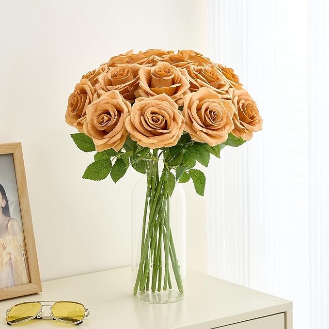 15pcs Terracotta Fake Roses Artificial Silk Flowers Faux Rose Flower Long Stems Bouquet for Arrangement Wedding Centerpiece Party Home Kitchen Decor