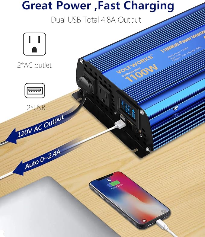 Power Inverter 1100 watt 12V DC to 110V 120V AC 1000w Inverter with LCD Display Remote Control 2AC Outlets Dual 2.4A USB Ports Compatible with Lithium Battery for Car RV Truck Boat by VOLTWORKS