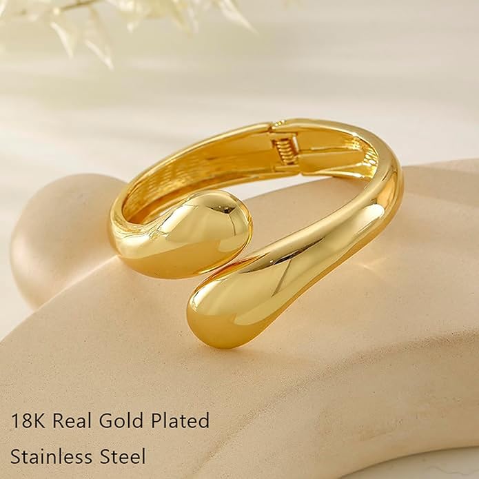 Eioi & Lmnm Gold Bangle Bracelets for Women, Chunky Gold Cuff Bracelet, Hinged Waterdrop Bangle, Statement Bracelet, Trendy Jewelry for Women