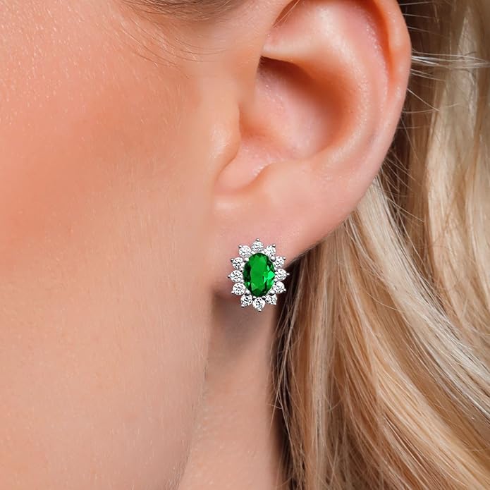 Gem Stone King 7X5MM Oval Gemstone Birthstone Stud Earrings For Women | Princess Diana Royal Halo Style | 925 Sterling Silver | Fine Jewelry Gifts for Anniversary Wedding Her Mom Women Wife
