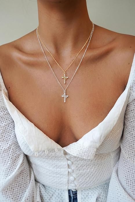 Tewiky Christian Gift Stocking Stuffers Cross Necklace for women-Dainty 14k Gold Plated/Silver Plated Pendant Necklaces Simple Cute Tiny Necklace Jewelry for Women