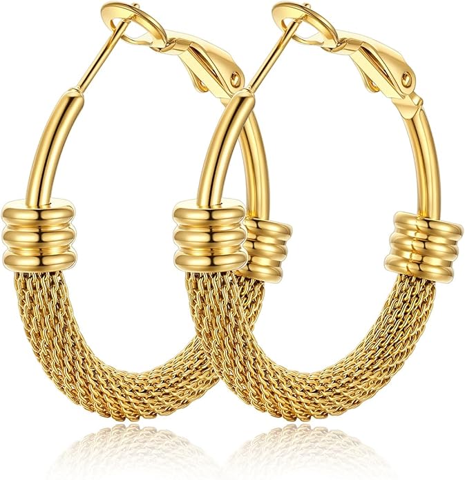 KeyStyle Mesh Hoop Earrings for Women, Stainless Steel Gold Hoops Earring Lightweight Loops, 2MM Thick Hypoallergenic Circle Endless Hollow Hoop 20mm-80mm