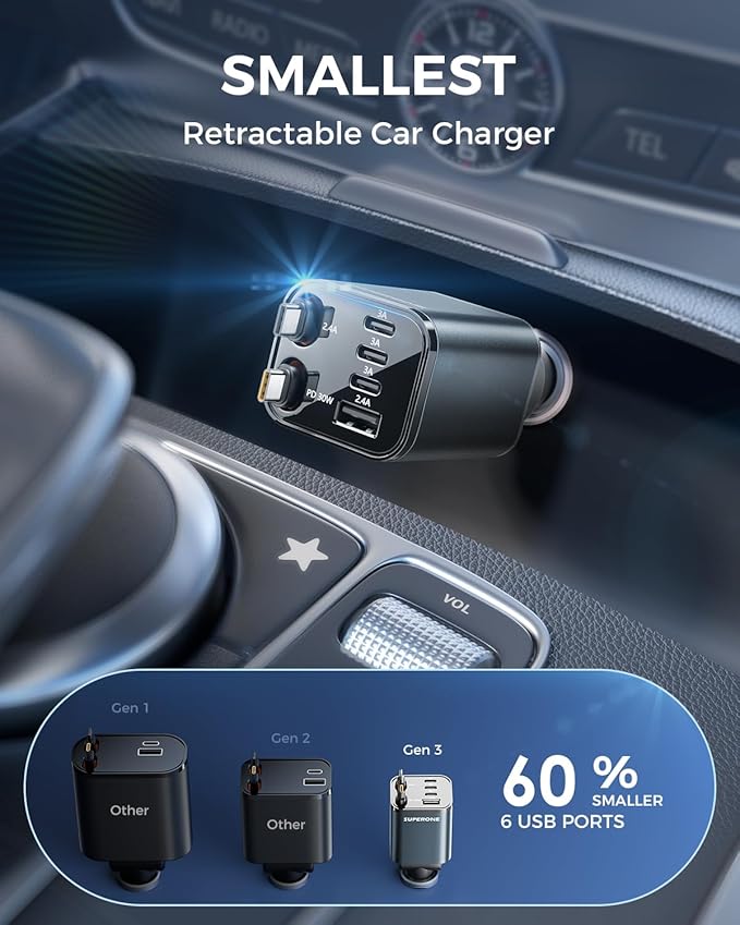 SUPERONE 6 in 1 Retractable Car Charger with Dual Type C Cables, 99W Ultra-Compact USB C Car Accessories Adapter with 4 USB Ports, Fast Charging Car Charger for iPhone 16/15/14/13/12, Galaxy, iPad