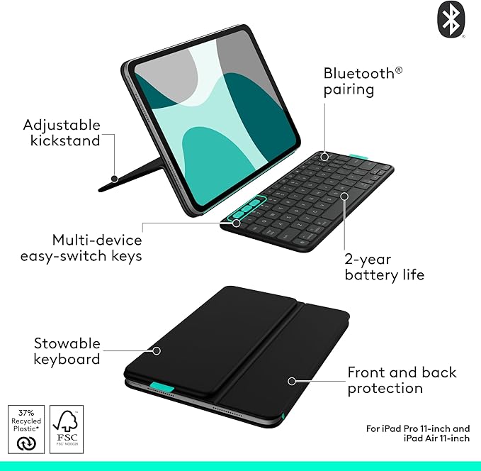 Logitech Flip Folio, Keyboard Case for iPad Pro 11-inch (M4) & iPad Air 11-inch (M2 & M3)(5th Gen - 2024) - Protective & Stowable Bluetooth Keyboard Case, Multi-Device - Midnight Black