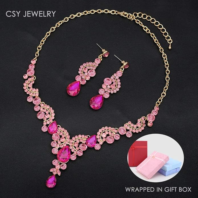 CSY Elegant Crystal Necklace Earrings Bracelet Ring Bridal Wedding Party Costume Jewelry Sets for Brides Women