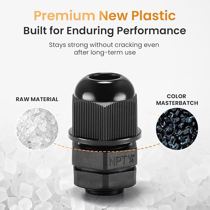 QILIPSU 50pcs 1/4" NPT Cable Gland Waterproof IP68 Nylon Cable Pass Through Cord Grip Connector Strain Relief Wire Grommet