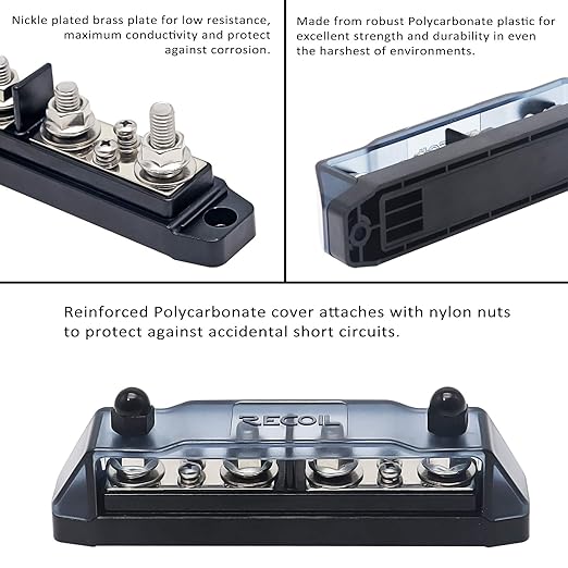Recoil BBPG4 Bus Bar Positive and Negative 4 x 5/16”(M8) Studs and 4 x #8 Screw Terminals Power Distribution Block Busbar with Ring Terminals 150 Amp Rating