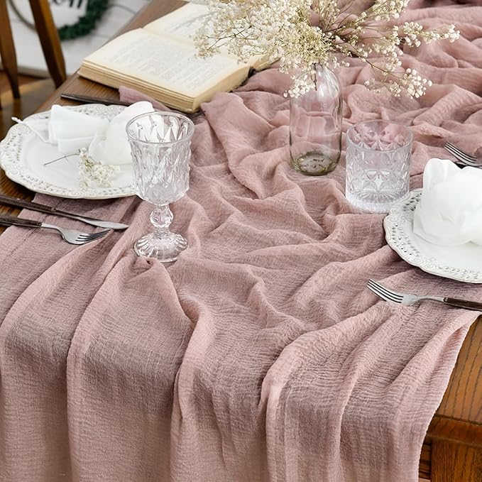 Artoid Mode Boho Cheesecloth Gauze Dusty Pink Wedding Table Runner, 120 Inch Seasonal Fabric Kitchen Dining Holiday Table Decor for Home Party Indoor