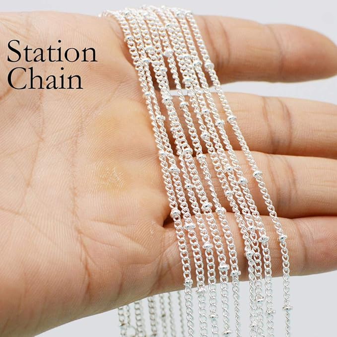 Wholesale 12PCS Silver Plated Brass Curb Chain Satellite Beaded Chains Bulk for Jewelry Making (30 Inch(1.5mm))