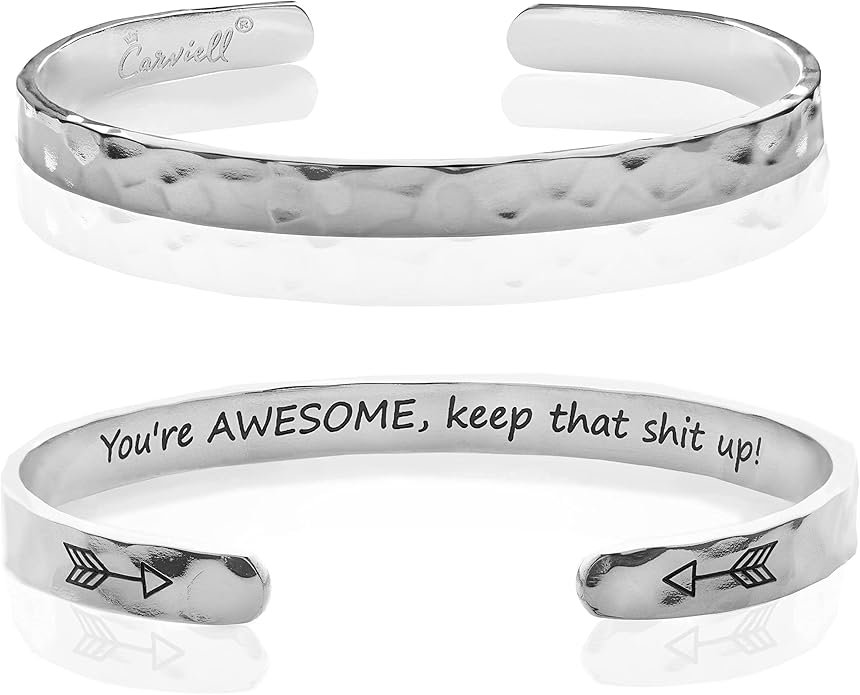 Carviell Engraved Cuff Bracelets for Women – Inspirational, Friendship, Love, Mom, Daughter, Sister, Christian, Graduation, Memorial & Wedding Gifts – 80+ Phrases – Stainless Steel, Gift-Ready