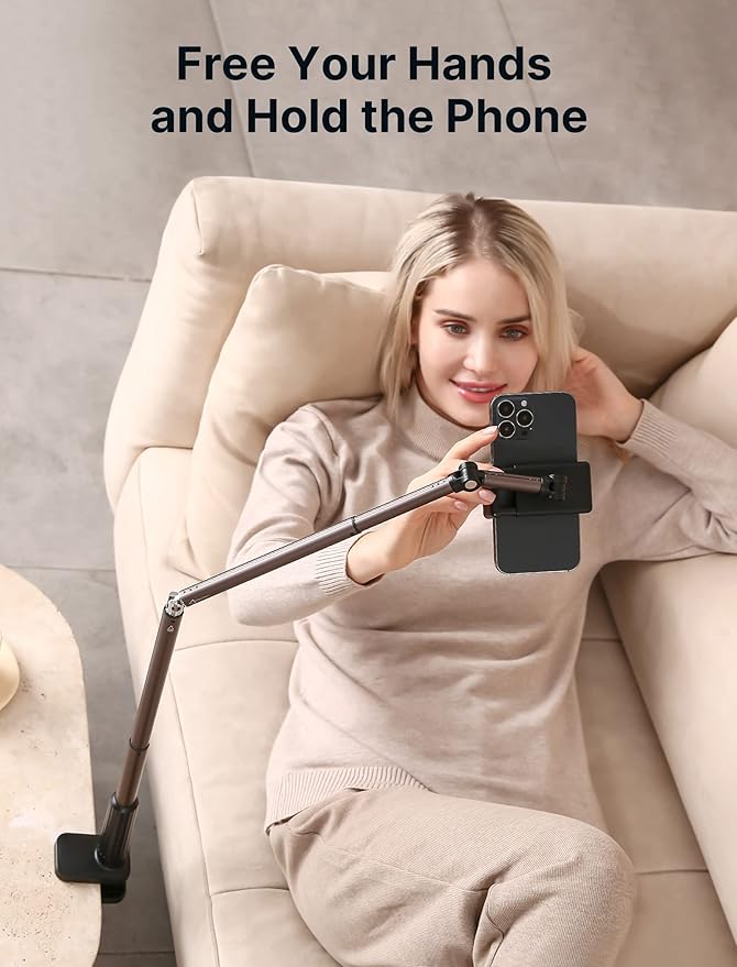 JSAUX Phone Holder for Desk and Bed Compatible with iPhone 16 15 14 13 12 Overhead Phone Mount Gooseneck Phone Stand Flexible 360 Lazy Long Arm Clamp Clip for Table Bedside [1-Pack, Black]