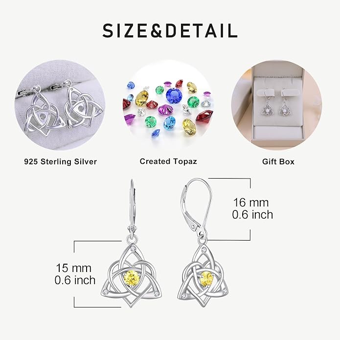 Starchenie Celtic Knot Dangle Earrings Sterling Silver Trinity Love Knot Leverback Earrings Gemstones Jewelry for Women