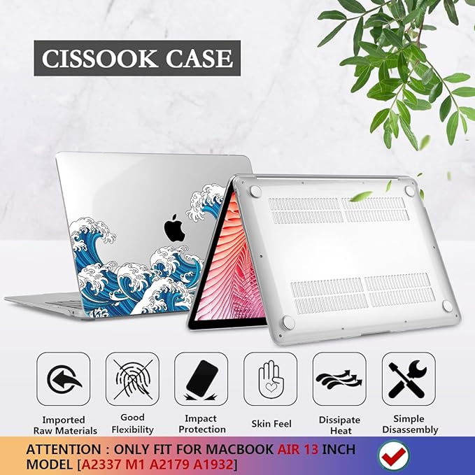 CISSOOK Wave Case for MacBook Air 13 inch Case 2021 2020 2019 2018 Release, Ocean Hard Shell Cover for MacBook Air 13'' with Touch ID A2337 M1 A2179 A1932 Model with Keyboard Cover + Screen Protector