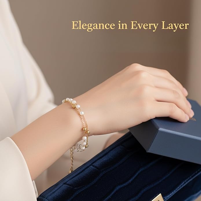 Solza 2 Layer Gold Plated Bracelet – Stainless Steel Adjustable Layered Chain with 3mm Beads, 18K Gold Plated Non Tarnish Jewelry for Women, Elegant Beaded Bracelet Stack for Everyday Wear