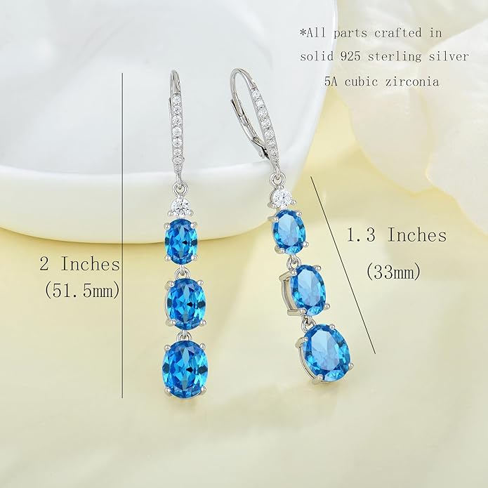 Women 925 Sterling Silver Birthstone 3-stone Leverback Drop Dangle Earrings 5A Cubic Zirconia Jewelry for Her