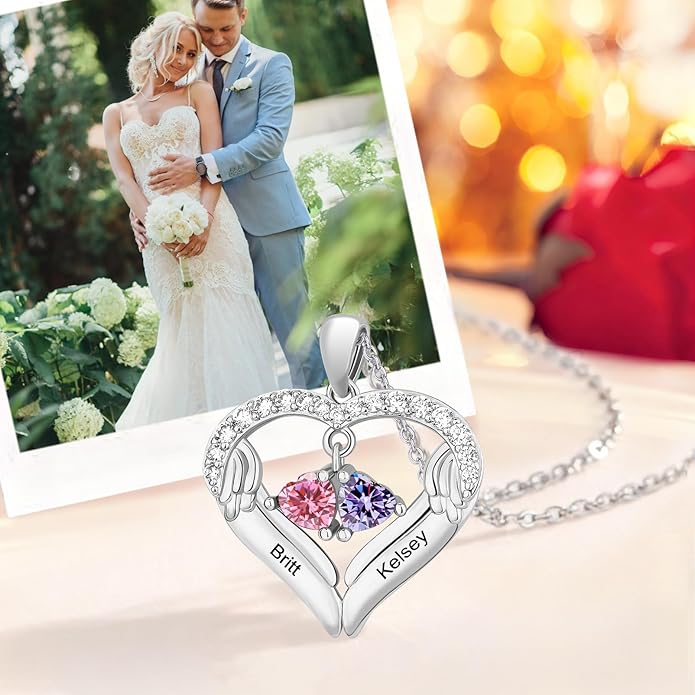 MissNaNa Sterling Silver Personalized 2 Names Heart Necklace with 2 Birthstone Couple I Love You Heart Pendant Necklace Jewelry Gift for Her Wife Girlfriend Mom