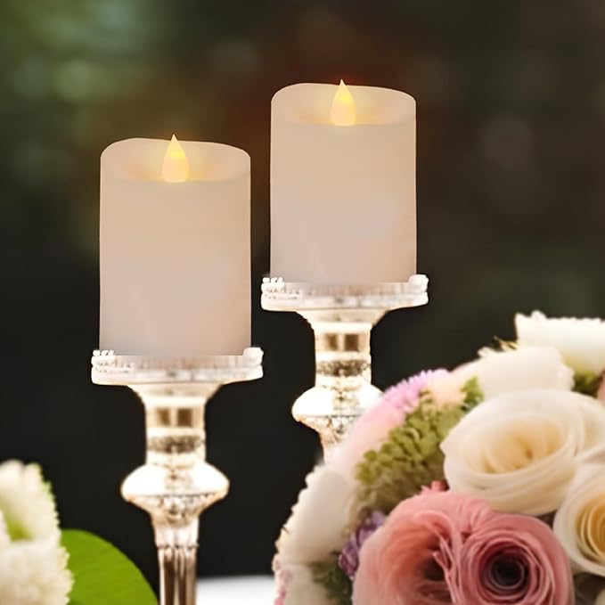 3x4 Flickering Flameless Candles Set of 2,4 inch Real Wax LED 600 Hours Battery Candles with Timer Remote,Control for Wedding Party Indoo,Ivory