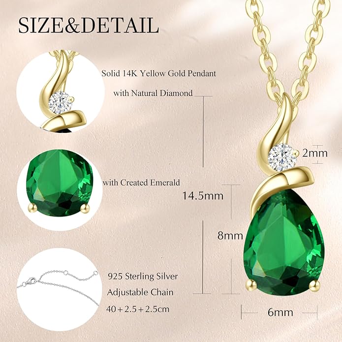 FANCIME 14K Solid Yellow Gold Birthstone Pendant Necklace for Women with Diamond Pear Shaped Teardrop Necklace Birthday Gifts for Mom Women Sterling Silver Chain 16" + 2" Extender