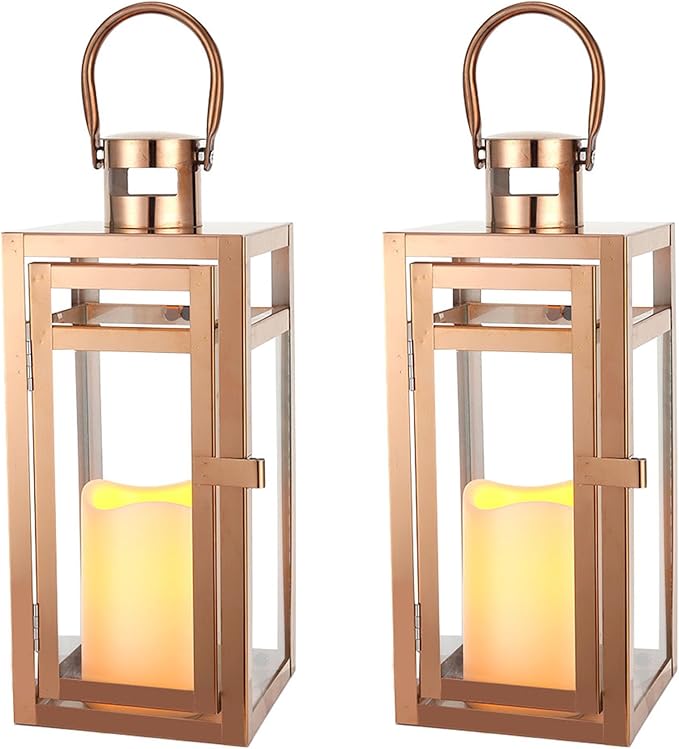 TRIROCKS Set of 2 Stainless Steel Decorative Lantern 12'' High Metal Candle Holder with Clear Glass Panels Perfect for Home Decor Living Room Parties Events Tabletop Indoors Outdoors (Rose Gold)