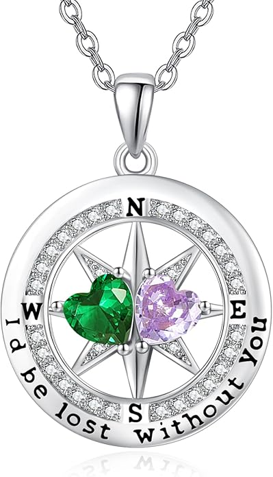 Compass Necklace for Women, Exquisite S925 Valentines Day Anniversary Birthday Gifts for Wife Her Double Birthstone Pendant Jewelry ‘I'd be Lost Without You’