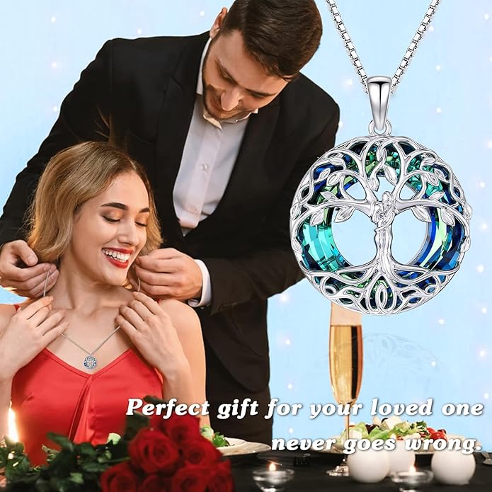 Tree of Life Crystal Necklace for Women Sterling Silver Couples Hug Tree Pendant Necklaces Gifts for Wife Anniversary Birthday Christmas