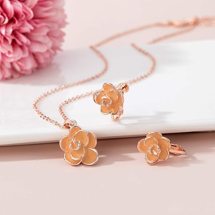 Dainty Rose Flower Pendant Necklace Clip On Earrings Set for Women 14K Gold Plated Hypoallergenic Jewelry Sets