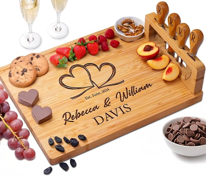Personalized Charcuterie Board Gifts for Couples – Christmas Custom Large Cheese Board with Knife & Utensil Set for Wedding, Anniversary, Birthday, Housewarming, Engagement, Party, New Home