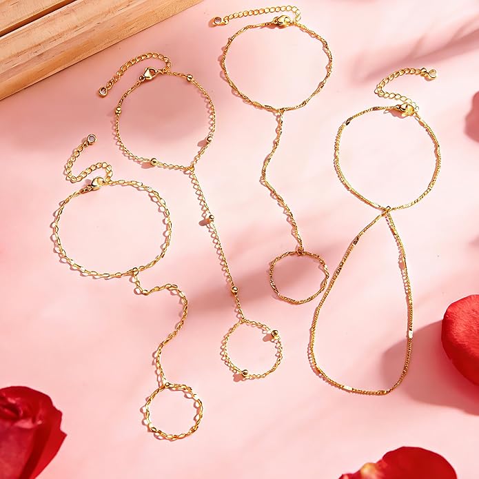 Yoosteel Hand Chain Bracelet for Women - Valentines Gifts Dainty 14K-Gold-Plated Finger Ring Hand Chains Layered Trendy Link Bracelets Jewelry Gift for Women