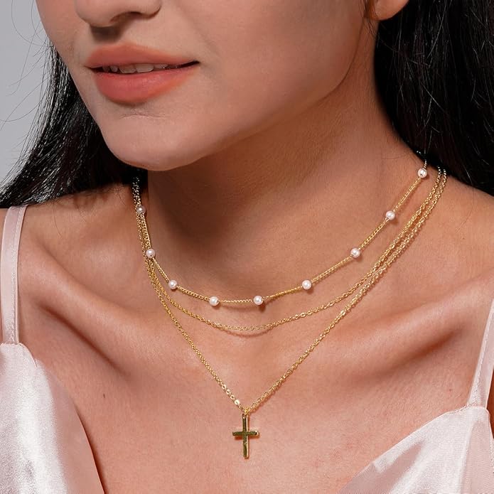 Layered Gold Necklaces for Women, Stackable 14K Gold Plated Necklace, Dainty Cross/Circle/Heart Pendant layered Necklace, Adjustable Dainty Gold/Silver Necklace Jewelry Set for Women