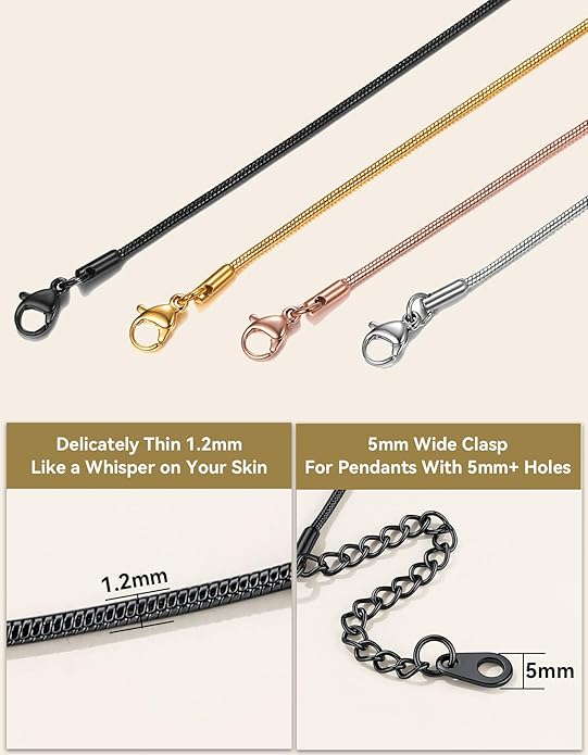 ChainsHouse Snake Chain Necklace for Women 1.2mm, 14-30" Adjustable with 5cm Extender for Pendants Lockets, Rose Gold/Stainless Steel/Black/14K Gold Hypoallergenic Dainty Jewelry Gift