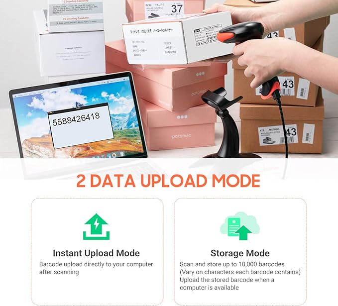 Tera Wireless 2D QR Barcode Scanner with Stand, 3 in 1 Compatible with Bluetooth & 2.4GHz Wireless & USB Wired Barcode Reader Handheld Bar Code Reader HW0001