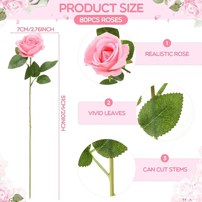 Hotop 80 Pcs Rose Artificial Flowers Bulk with Long Stem, Silk Roses Realistic Fake Flowers Bouquet for Wedding Table Centerpieces Bridal Shower Party Home Decorations(Pink)