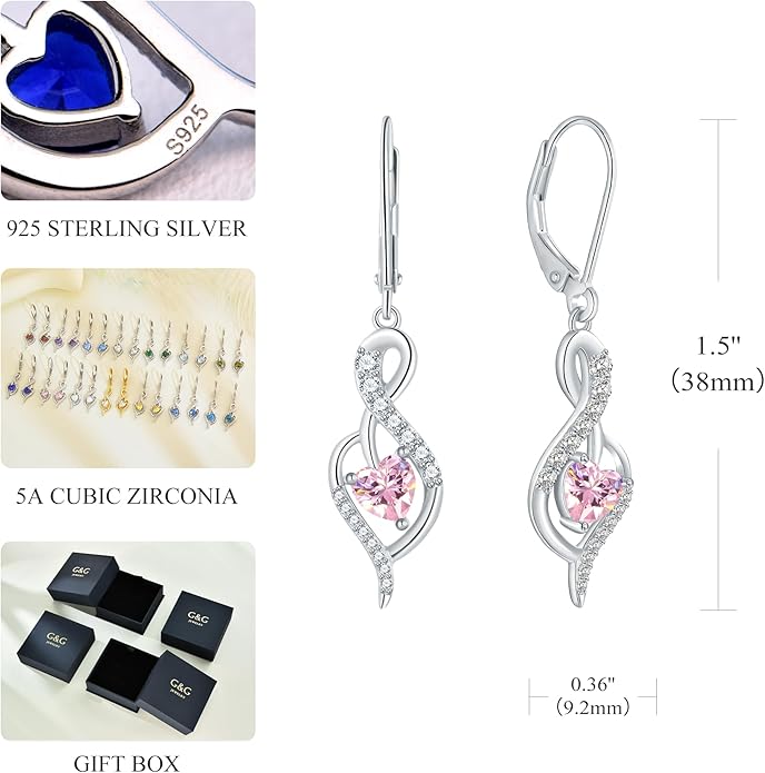 Infinity Heart Dangle Drop Earrings for Women, 925 Sterling Silver Birthstone Leverback Earrings, Birthday Anniversary Valentines Day Jewelry Gifts for Women Mom Her