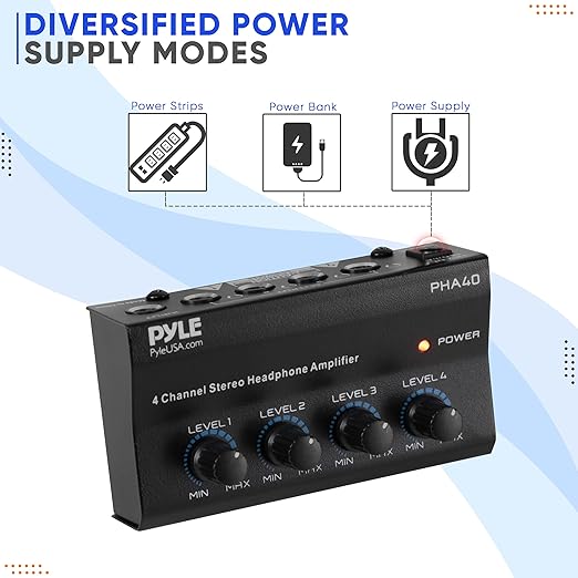 Pyle 4-Channel Portable Stereo Headphone Amplifier - Professional Multi Channel Mini Earphone Splitter Amp w/ 4 ¼” Balanced TRS Headphones Output Jack and 1/4" TRS Audio Input For Sound Mixer