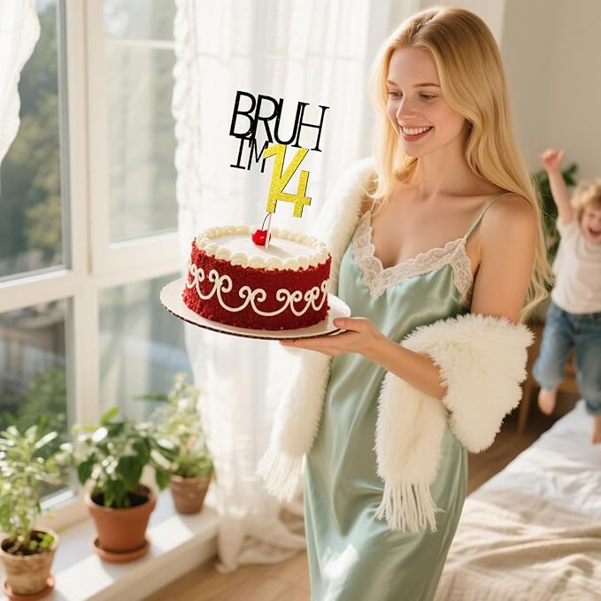Bruh I'm 14 Cake Topper - Bro I'm 14, Happy Sweet 14 Ornament for Boys' 14th Birthday Party Supplies (Bruh I'm 14)