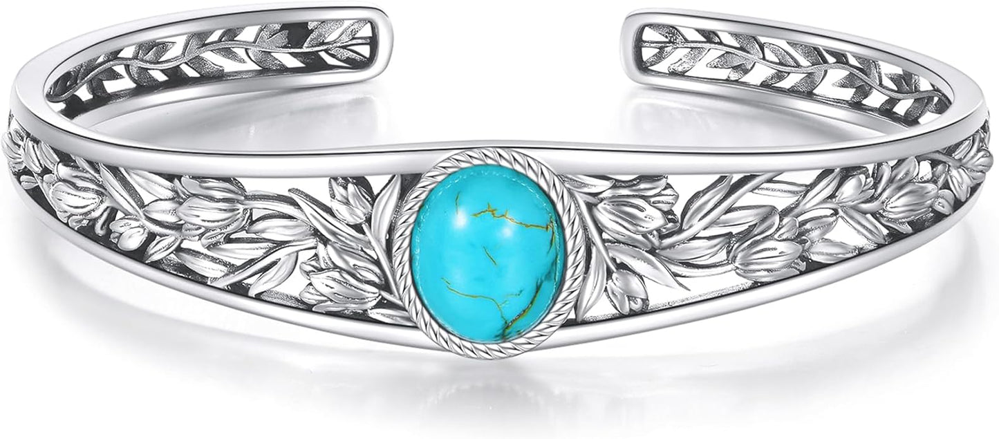 Genuine Turquoise Cuff Bracelet for Women, Sterling Silver Western Vintage Floral Bangle Native American Jewelry, For 6.5-7.5 Inch Wrists