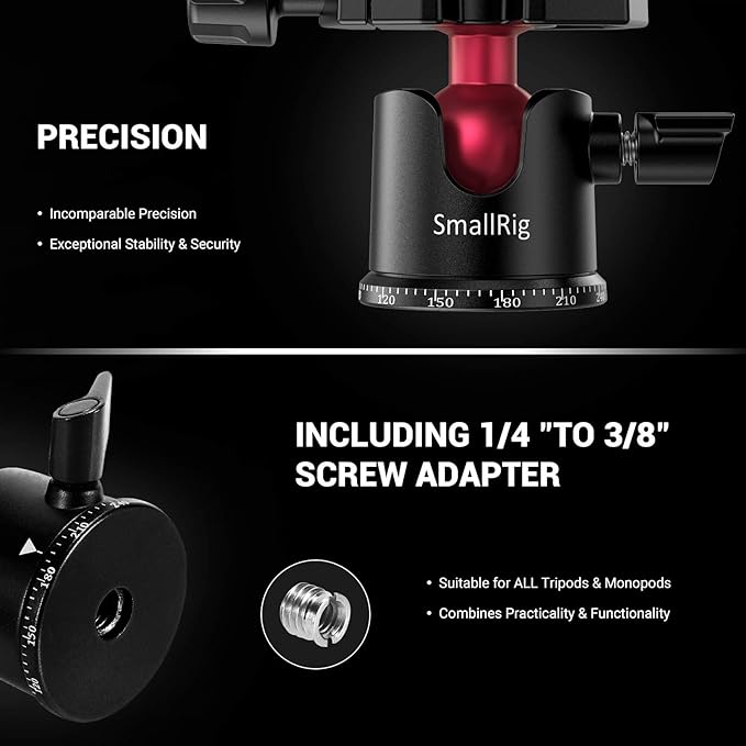 SmallRig Mini Ball Head, Tripod Head Camera 360° Panoramic with 1/4" Screw 3/8" Thread Mount and Quick Release Plate Metal Ball Joint for Monopod, DSLR, Phone, Gopro, Max Load 4.4lbs/2kg - BUT2665
