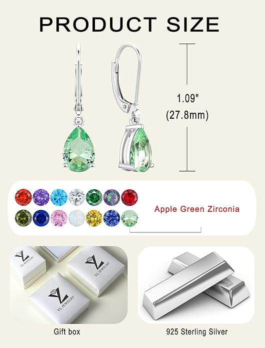 YL 925 Sterling Silver Teardrop Dangle Drop Earrings for Women 7x10 MM Solitaire Birthstone Leverback Jewelry