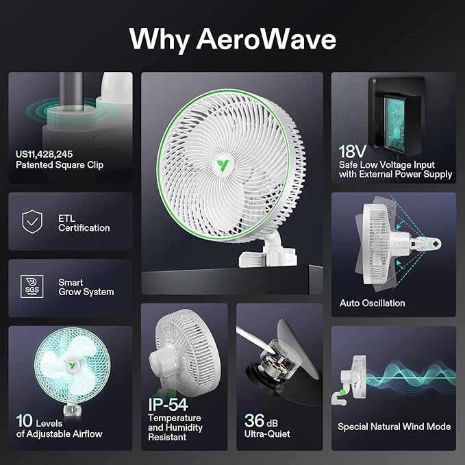 VIVOSUN AeroWave E9 Grow Tent Fan 9", EC Motor, WiFi-Controllable, US Patented Auto Oscillating Clip fan, IP54 Weatherproof, Strong Airflow & Quiet for Hydroponic Ventilation Circulation, White