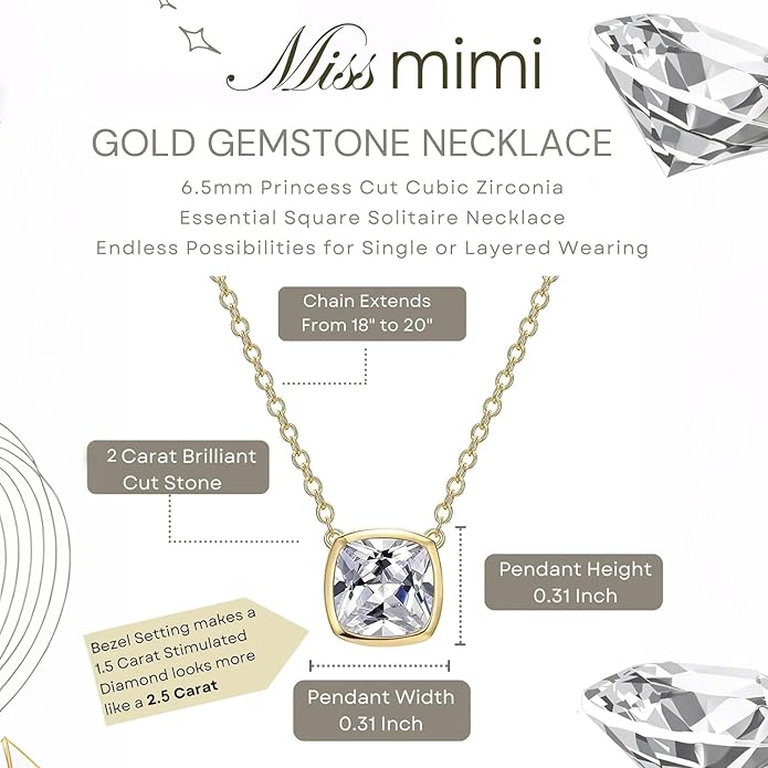 MISS MIMI Solitaire Cubic Zirconia Necklace for Women, 1–3 CT Round,Heart,Princess Cut CZ Options, Bezel or Prong Set in 925 Sterling Silver, Adjustable 16–20" Minimalist Everyday Jewelry