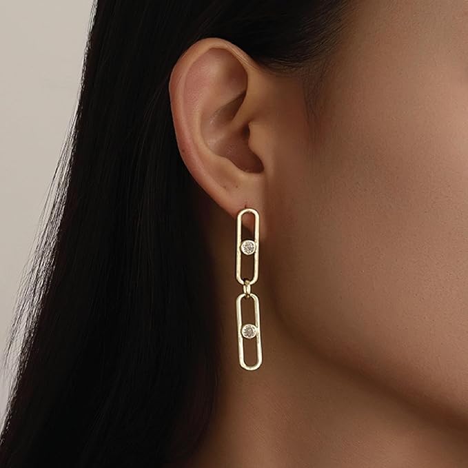 Gold Earrings for Women CZ Paperclip Drop Dangle Earrings, Sterling Silver Posts, Hypoallergenic Studs for Women Trendy Designer Jewelry