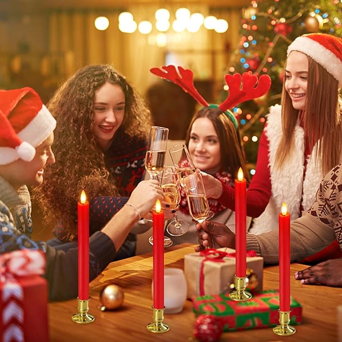 Flameless Candles with Remote: 8 Pack Battery Operated Window Candles 9.6" Real Wax LED Flickering Flameless Taper Candles 3D Wick Lights Halloween Christmas Wedding Birthday Party Decorations (Red)