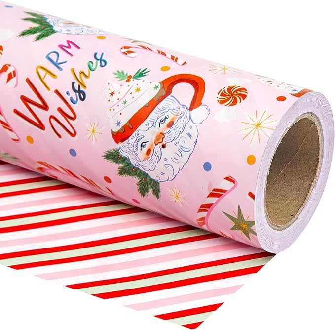WRAPAHOLIC 30 Inch Jumbo Reversible Christmas Wrapping Paper - 30 Inch x 33 Feet - Santa Claus Cup and Stripe Wrapping Paper for Chrsitmas, Holiday, Party Celebration