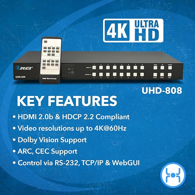 OREI 8x8 HDMI 4K Matrix Switch/Splitter, (8-Input, 8-Output) with Remote Control Supports UltraHD 4K@60Hz 4:4:4, HDR, YUV, HDMI 2.0, HDCP 2.2, 3D, 1080p, 18 GBPS - ARC, EDID (4K & 1080p Together)