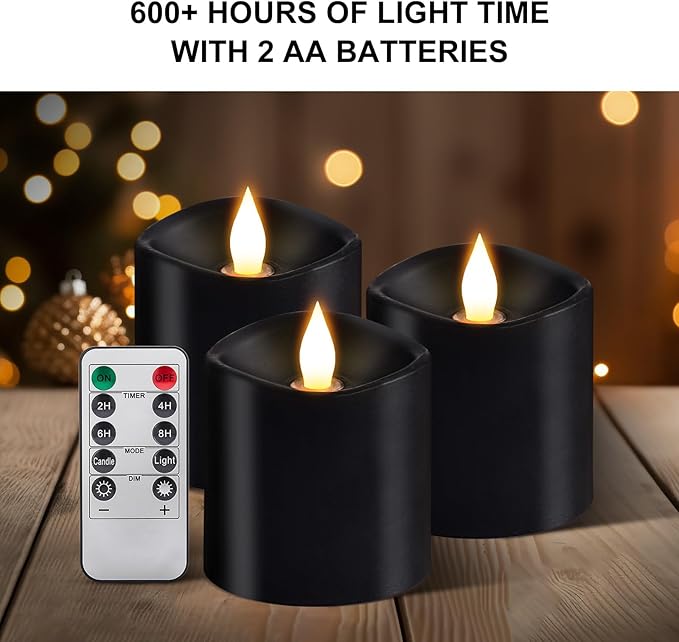 3x3 Flickering Flameless Candles Set of 3, LED Battery Candles Flickering,with Timer, 3 inch Flameless Candles with Remote,Battery Operated Candles, Holiday Home Decor for,Black