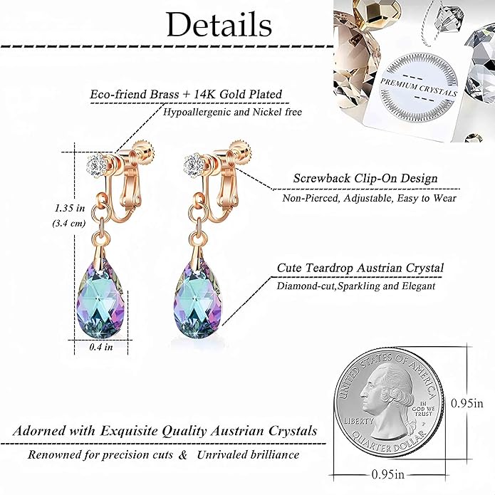 Teardrop Austrian Crystal Drop Clip On Dangle Earrings for Women Non Pierced 14K Rose Gold Plated Hypoallergenic Jewelry