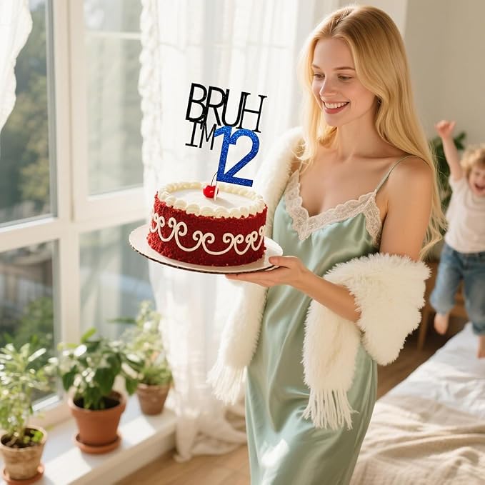 Bruh I'm 12 Cake Topper - Bro I'm 12, Happy Sweet 12 Ornament for Boys' 12th Birthday Party Supplies (blue 12)