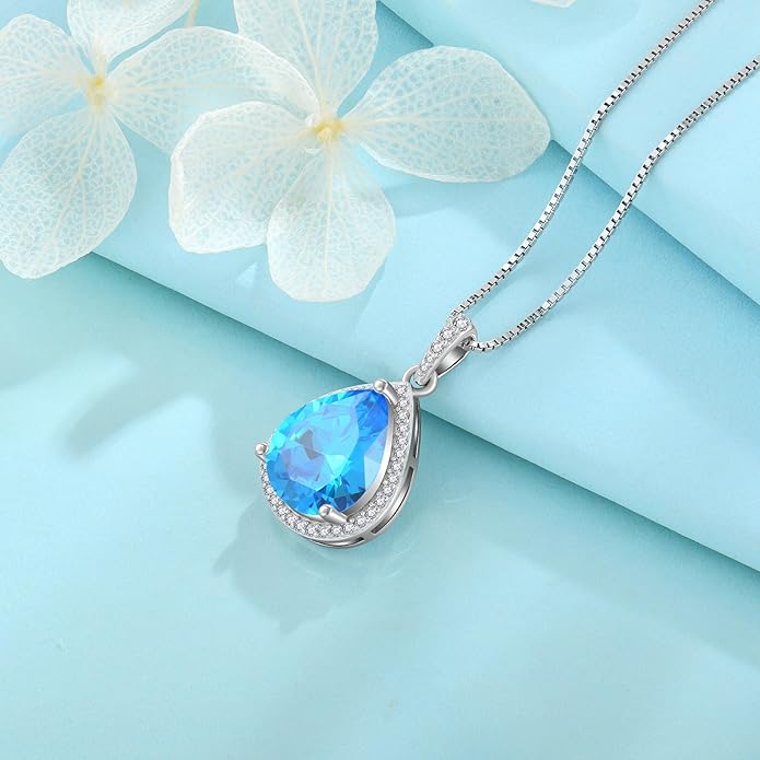 FJ Teardrop Pendant Necklace 925 Sterling Silver Birthstone Jewelry Gifts for Women
