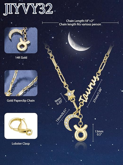 14K Gold/Rose Gold Zodiac Necklace for Women - Horoscope Constellation Pendant with Moon and Star, Luxury Birthday Gifts Jewelry for Her (12 Zodiac Signs)